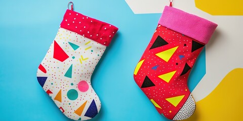 Bright Christmas stockings on blue and yellow background