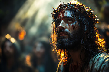 Jesus Christ illuminated by a single beam of light from above. A crown of thorns rests on His head, casting soft shadows on His serene face. The scene is somber and reverent	
