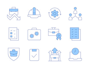 Poster - work icons. line duotone style, editable stroke. arrows, job promotion, briefcase, checklist, overwo