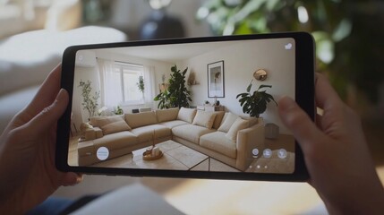 Poster - A person holds a tablet displaying a cozy living room with a large beige sofa, potted plants, and natural light creating a warm atmosphere. Decorative elements enhance the inviting space.