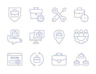 Poster - work icons. thin line style, editable stroke. shield, tool, travel, location, browser, briefcase, jo