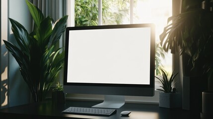 Poster - Modern Home Office Setup with Blank Computer Screen