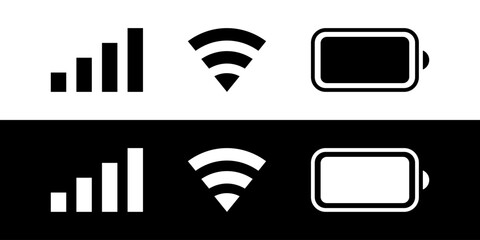 iPhone ios notification bar wifi signal battery user interface icons. Black white icon set of phone ui vector illustration