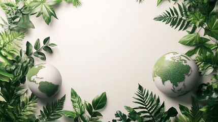 Poster - Minimalistic Earth Day concept featuring a 3D globe surrounded by green leaves and plants on a white background symbolizing environmental awareness with space for text at the top