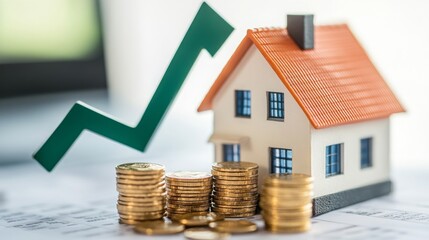 Aufkleber - A small model house sits on a table with a green arrow pointing up behind it. In front of the house are stacks of gold coins on a piece of paper with printed lines.