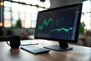 Modern computer screen displaying stock market data in office setting