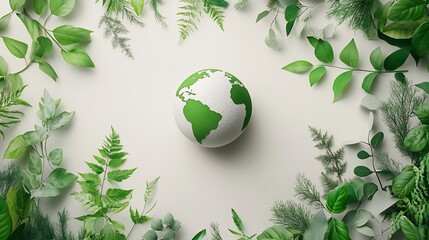 Poster - Minimalistic Earth Day concept featuring a 3D globe surrounded by green leaves and plants on a white background symbolizing environmental awareness with space for text at the top