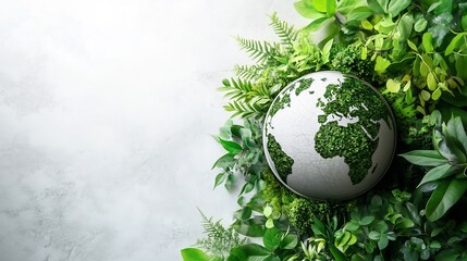Poster - Minimalistic Earth Day concept featuring a 3D globe surrounded by green leaves and plants on a white background symbolizing environmental awareness with space for text at the top