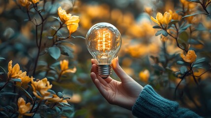 Hand holding light bulb with creative sign 