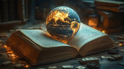 Poster - Mockup of an open novel with a globe resting on the pages symbolizing world literacy and the transformative power of books surrounded by scattered letters and warm lighting for World Book Day