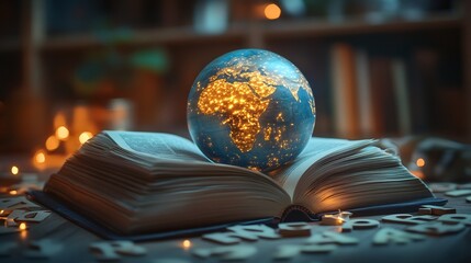 Poster - Mockup of an open novel with a globe resting on the pages symbolizing world literacy and the transformative power of books surrounded by scattered letters and warm lighting for World Book Day