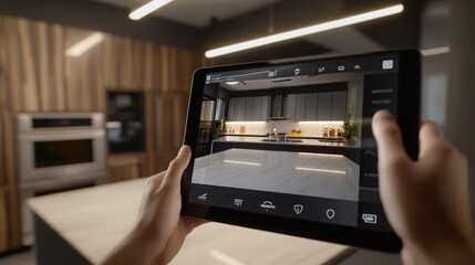 Leinwandbilder - A person holds a tablet displaying kitchen design visuals, surrounded by a contemporary kitchen with sleek cabinetry and elegant lighting. The focus is on transforming design ideas into reality.