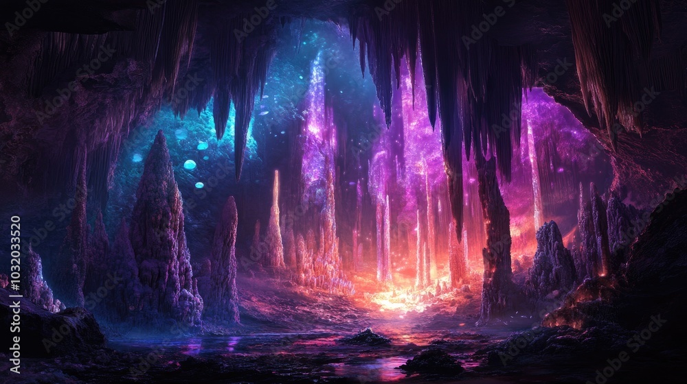 Beautiful stalactites and stalagmites in a glowing cave, with soft ...