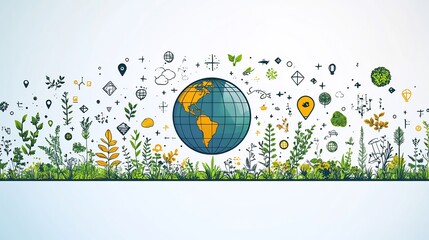 Poster - Modern style illustration for Earth Day featuring an ecofriendly globe surrounded by clean lines and minimalist icons of trees and plants promoting environmental protection and a green future