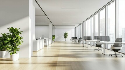 A spacious architectural design showcasing an empty apartment corridor, with a door leading to the hall and a bright window, emphasizing openness and tranquility.