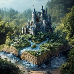 Poster - Mystical kingdom emerging from the pages of an open book featuring a grand castle winding rivers and magical creatures creating an enchanting world to inspire readers for World Book Day