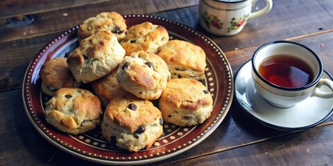 Poster - A plate of freshly baked scones paired with a cup of tea.