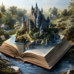 Poster - Mystical kingdom emerging from the pages of an open book featuring a grand castle winding rivers and magical creatures creating an enchanting world to inspire readers for World Book Day