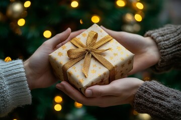 Hands of a man giving a gift to a woman on the background of a blurry garland, Generative AI