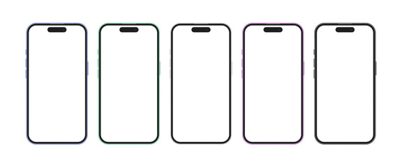 Fototapete - Apple iPhone 16 Pro Max colorful mobile phone device set vector illustration. Smartphone mockup template with empty display for user interface design