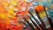 © anantachat - Art supplies such as paintbrushes colored pencils and sketchpads spread on a blank surface Stock Photo with side copy space