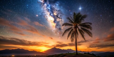 Milky Way Over Palm Tree Silhouette at Sunrise, Mountains, Night Sky, Palm Tree, Sunrise , Milky Way