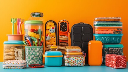 Poster - A cheerful scene with lunchbox items and colorful notebooks scattered around a bright backdrop Stock Photo with side copy space