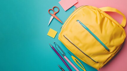 Poster - Backpack unzipped with school supplies like glue scissors and pens spilling onto a bright colored surface Stock Photo with side copy space