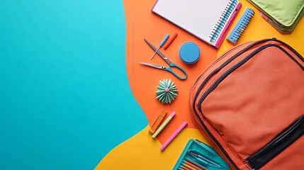 Poster - Backpack unzipped with school supplies like glue scissors and pens spilling onto a bright colored surface Stock Photo with side copy space