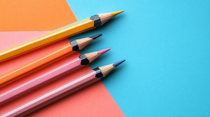 Aufkleber - Neatly placed erasers pencils and a sharpener forming a geometric pattern on a vibrant background Stock Photo with side copy space