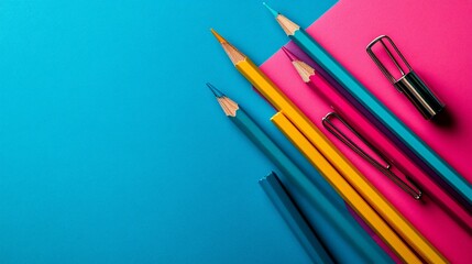 Aufkleber - Neatly placed erasers pencils and a sharpener forming a geometric pattern on a vibrant background Stock Photo with side copy space