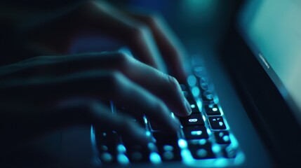 Poster - Close up of hands typing on a backlit laptop keyboard