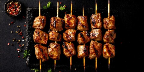 Poster - Delicious grilled meat skewers on a dark stone surface. A perfect dish for gatherings and barbecues. Enjoy the tasty flavor and aroma. Ideal for food photography and recipes. AI