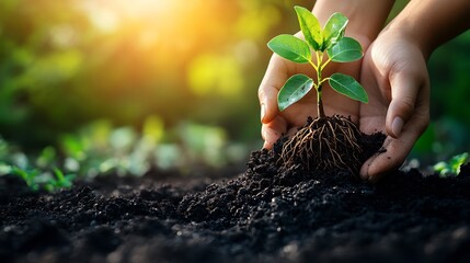 Poster - Pair of hands holding a young tree with its roots wrapped in soil surrounded by lush greenery and sunlight breaking through representing a commitment to ecofriendly Earth Day actions
