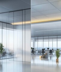 A sleek white smart glass wall in a modern office, viewed from two angles, illuminated by daylight. The minimalist design enhances the open, airy space.