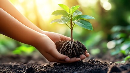 Poster - Pair of hands holding a young tree with its roots wrapped in soil surrounded by lush greenery and sunlight breaking through representing a commitment to ecofriendly Earth Day actions