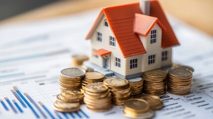 Aufkleber - A small model house is placed atop stacks of coins, emphasizing the relationship between property ownership and financial investment. This setup highlights the value of investing in real estate.