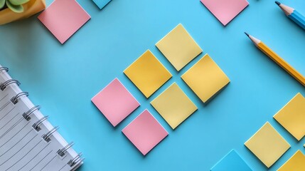 Aufkleber - Sticky notes arranged in a pattern on a bright background with a notebook and pencil ready for note-taking Stock Photo with side copy space