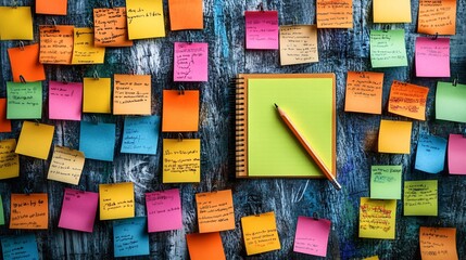 Aufkleber - Sticky notes arranged in a pattern on a bright background with a notebook and pencil ready for note-taking Stock Photo with side copy space
