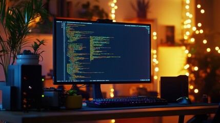 Poster - Coding Workspace with Festive Lights