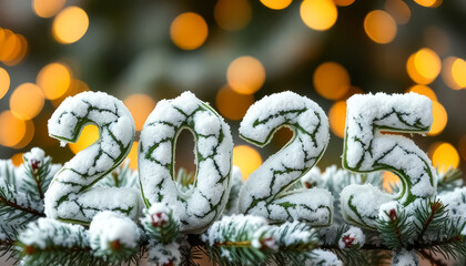 Wall Mural - The letters 2025 are written in snow on a tree branch