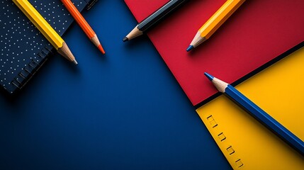 Aufkleber - Brightly colored erasers and sharpeners creating a pattern on a bold background next to notebooks Stock Photo with side copy space
