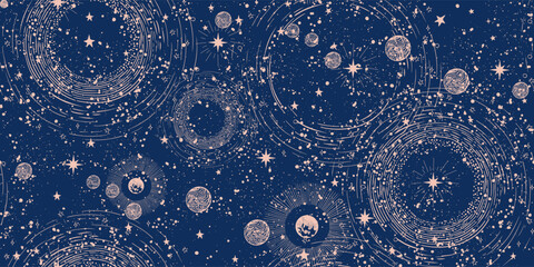 Wall Mural - seamless cosmic boho pattern with stars on blue background for tarot, astrology. mystical sky with o