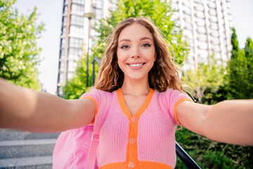 Wall Mural - Portrait of pretty positive girl wear stylish clothes take selfie walk sunny autumn city outdoors