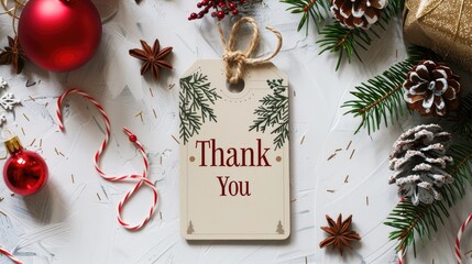 paper tag with words thank you on christmas background