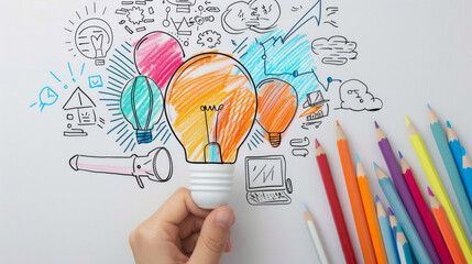 Colorful sketching ideas featuring light bulbs and various creative illustrations during a brainstorming session