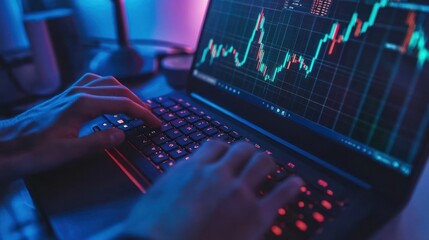 Poster - Hands Typing on Laptop with Stock Market Data