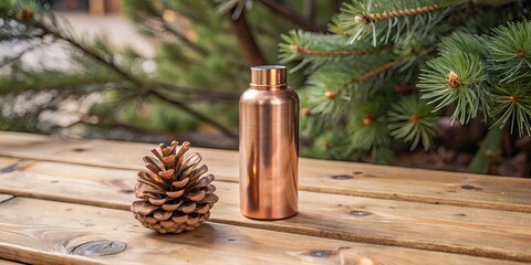 Wall Mural - A copper bottle beside a pine cone on a wooden surface.