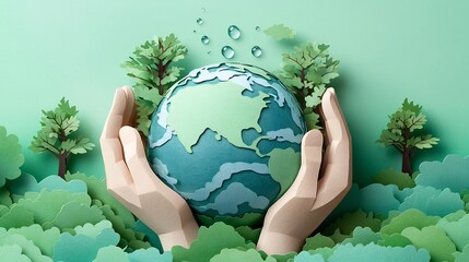 Poster - Paper cut design of hands cradling Earth with water droplets and trees growing around it representing environmental protection ecology and saving water for World Environment Day