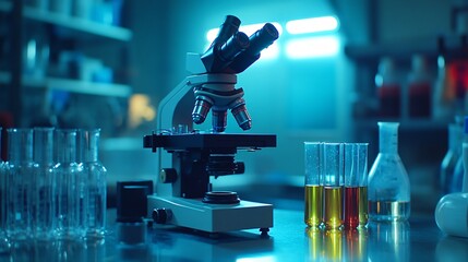 Poster - Modern scientific equipment including microscopes test tubes and digital analysis tools on a sterile workbench Stock Photo with side copy space